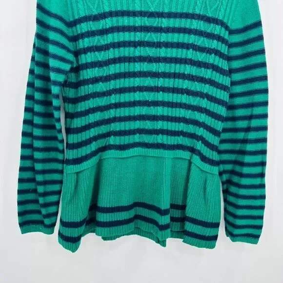 Talbots Size Large Navy Blue & Green Striped Peplum Cable Knit Sweater Top - Picture 5 of 6